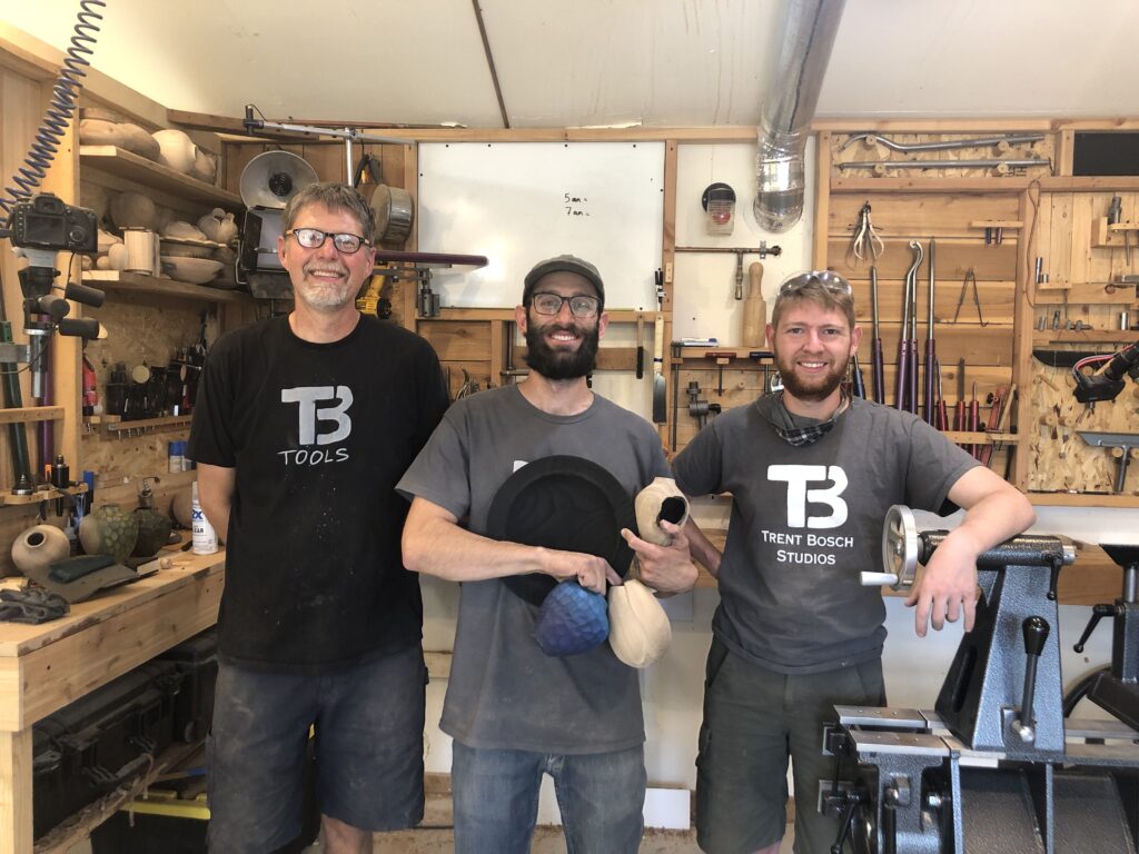 trent and laurent with participant during trent bosch tools woodturning hands on workshops